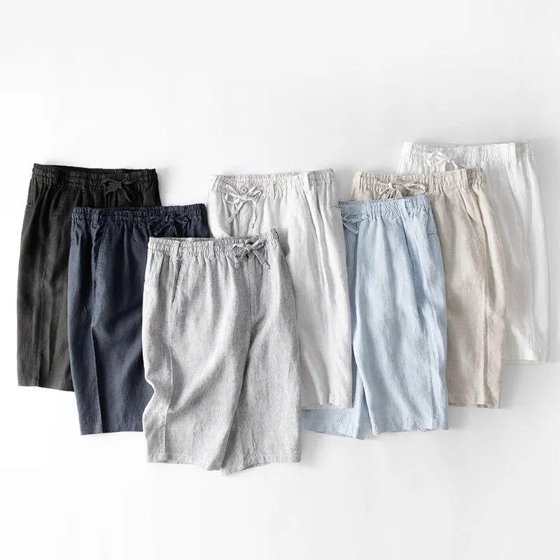 Men's loose fit linen casual trousers in a straight leg style, shown in multiple colour options
