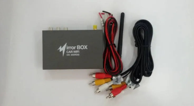 Black car Wi-Fi mirror box with AV converter, power cable, antenna and connection cables for smartphone integration