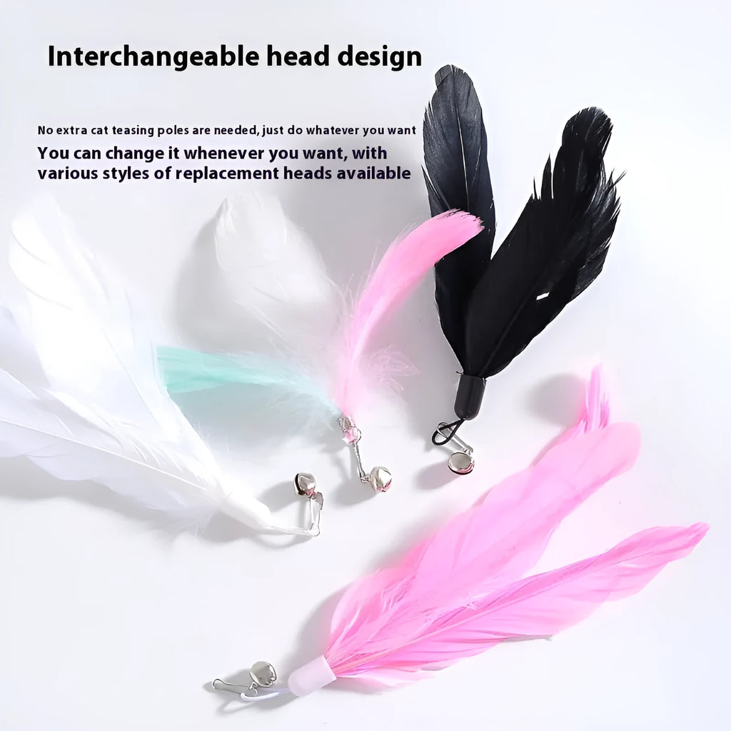 Cat teaser toy with suction cup base and long brush handle showing seven colourful attachments including cat faces and feathers