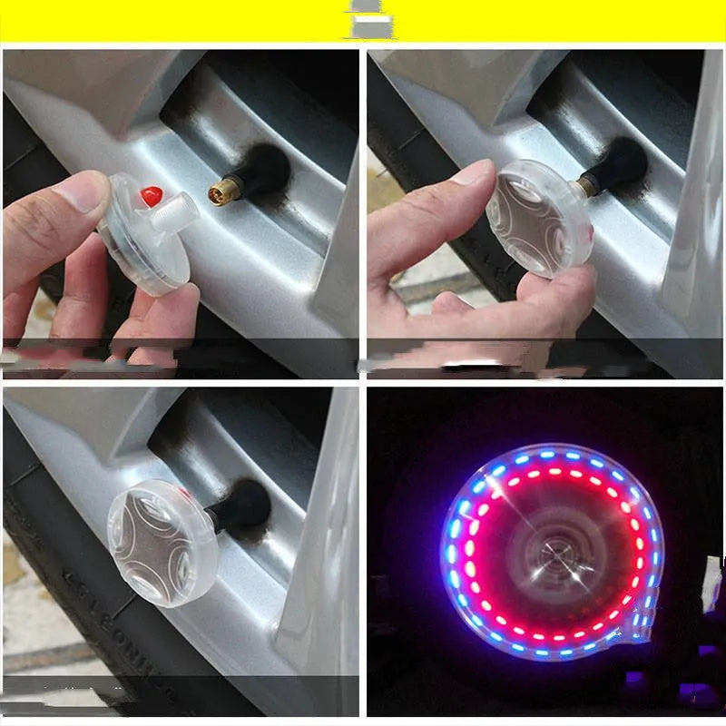 Colourful solar wheel hub lamp on vehicle tyre valve, 4cm diameter, with PC case and multiple flash modes