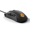 Black wired mechanical gaming mouse with 12000 DPI sensor and six programmable buttons on a desk