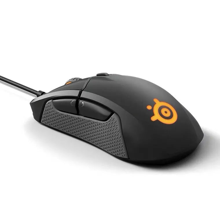 Black wired mechanical gaming mouse with 12000 DPI sensor and six programmable buttons on a desk