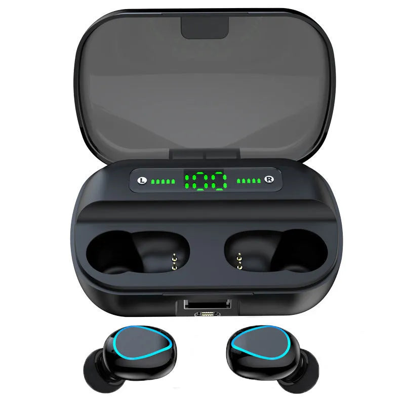 Wireless Bluetooth headset with dual earplug design showing connectivity and voice control features