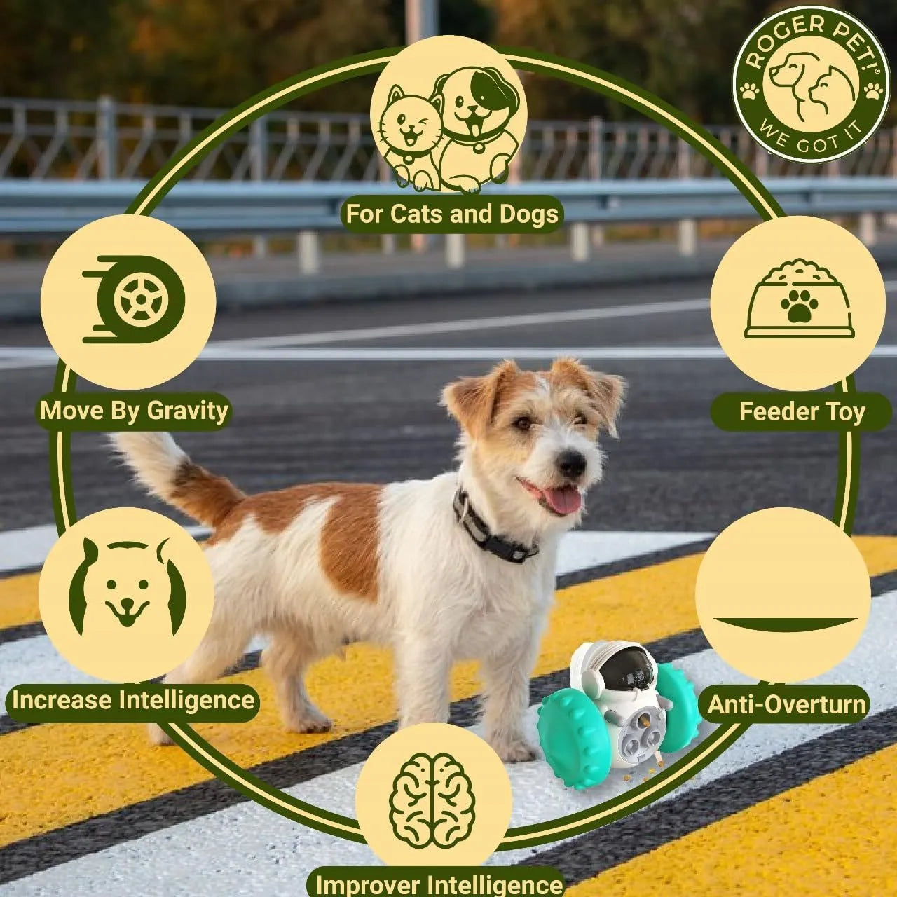 Robot-style interactive dog treat toy with roller mechanism for slow feeding, measuring 141mm