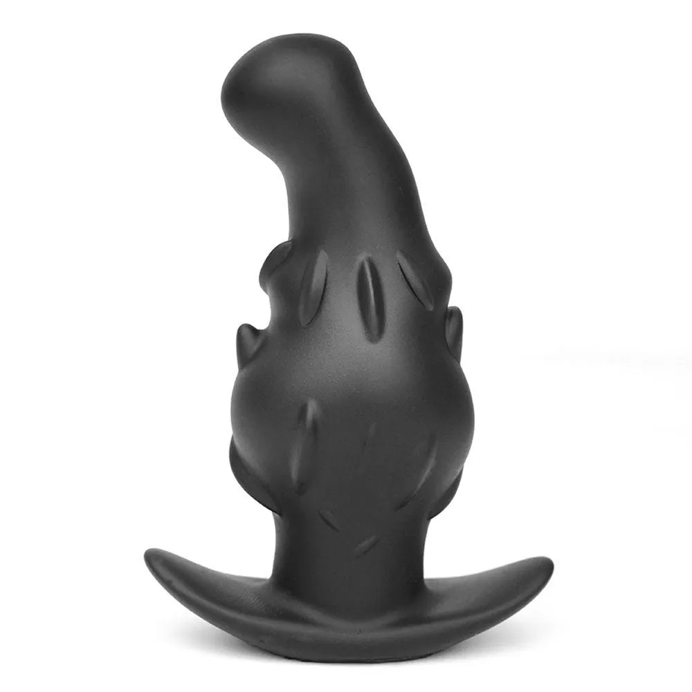 Purple, gold, and black liquid silicone unisex masturbator shown in small, medium, large, and extra-large sizes