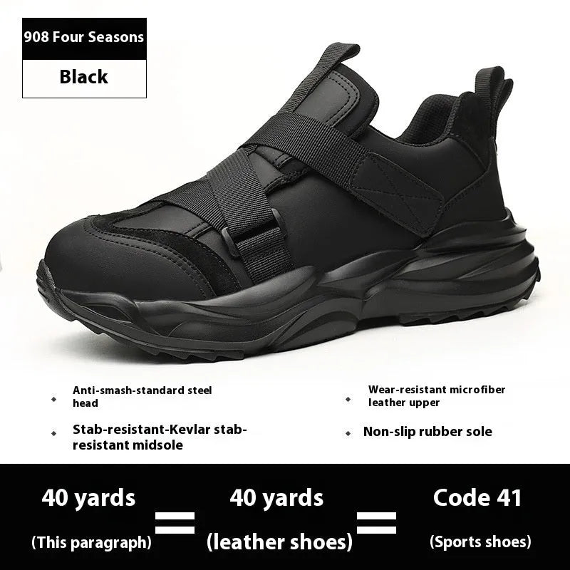 Black men's steel toe safety work shoes with felt buckle closure on a light background