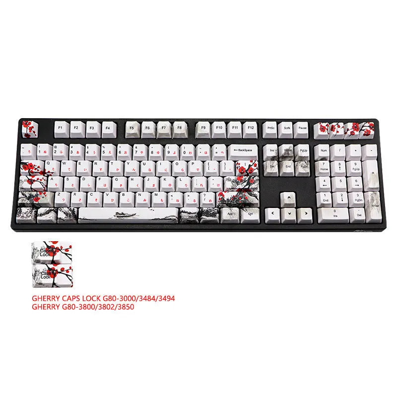 PBT keycap set with Wangjiang plum blossom design, showing Japanese, Korean, and US English legend options