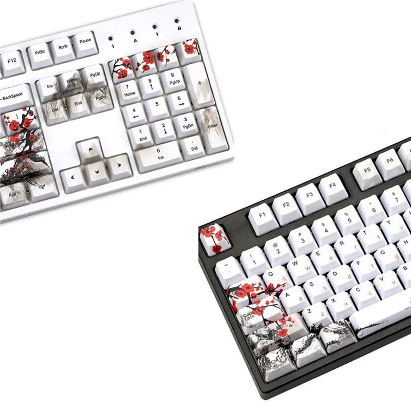 PBT keycap set with Wangjiang plum blossom design, showing Japanese, Korean, and US English legend options