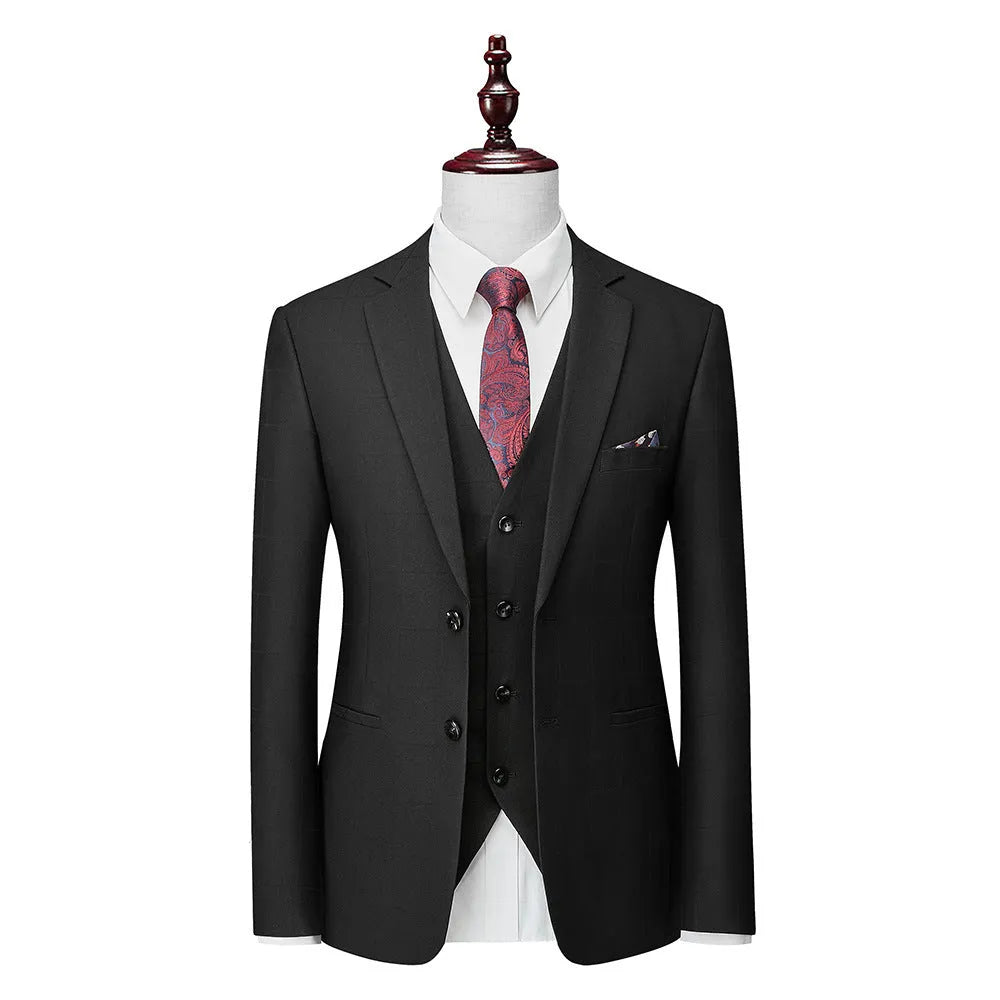 Men's navy blue slim fit three-piece suit with cotton blend fabric for business casual occasions