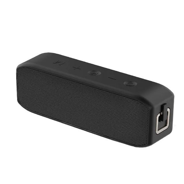 Black wireless waterproof Bluetooth speaker with 20W output power and 12-hour battery life