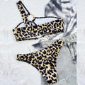 Women's leopard print polka dot bikini top and shorts on a mannequin.