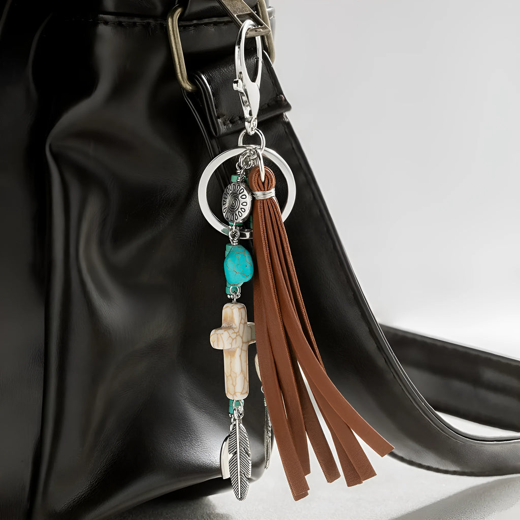 Retro cross alloy keychain pendant with leather rope tassel in colour XY-3669 for suitcase or bag decoration