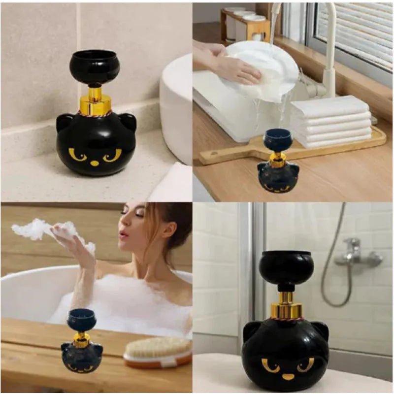 Black cartoon cat-shaped plastic foam soap dispenser on a wash basin.
