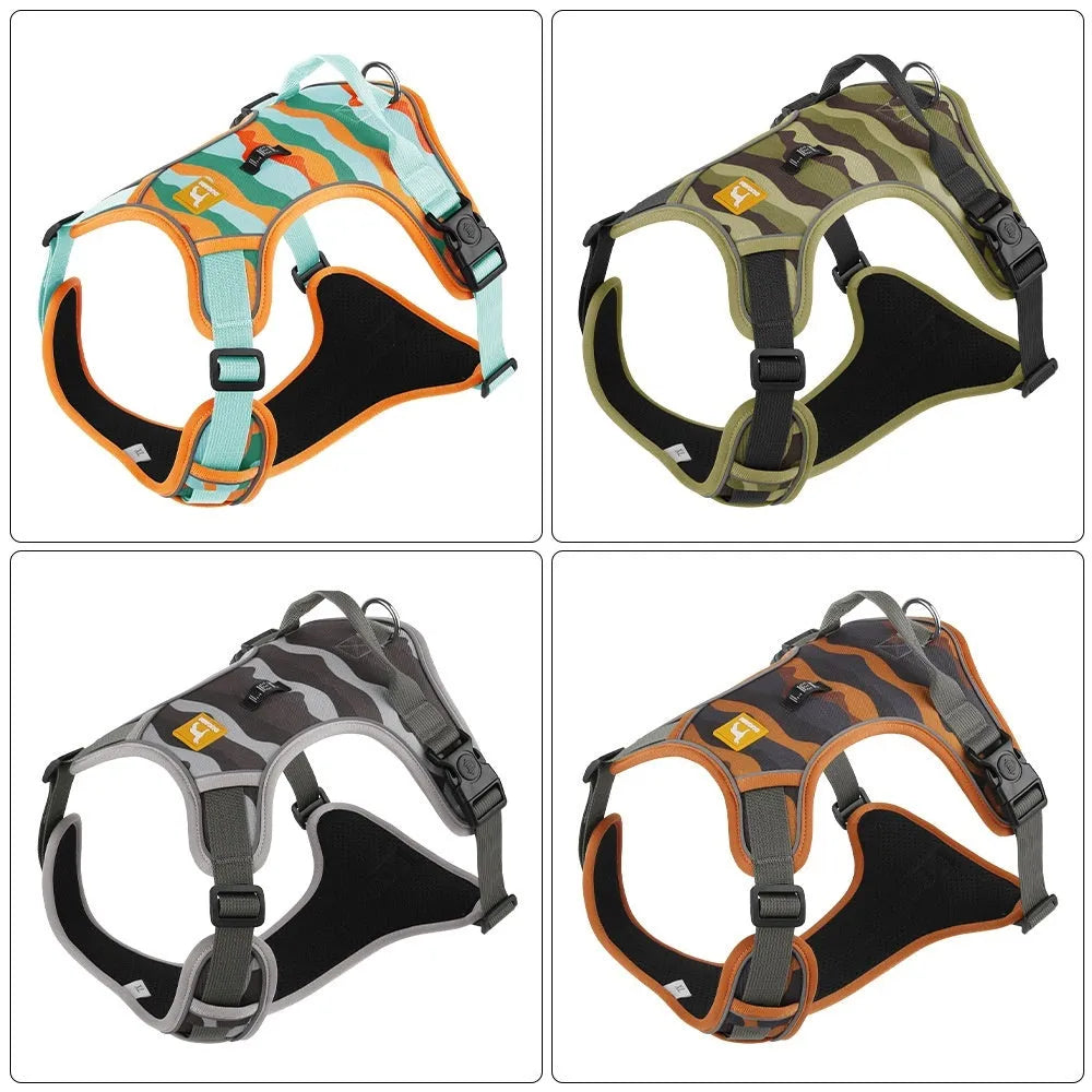 Reflective orange dog harness and leash with hand-holding rope on a chest and back design.