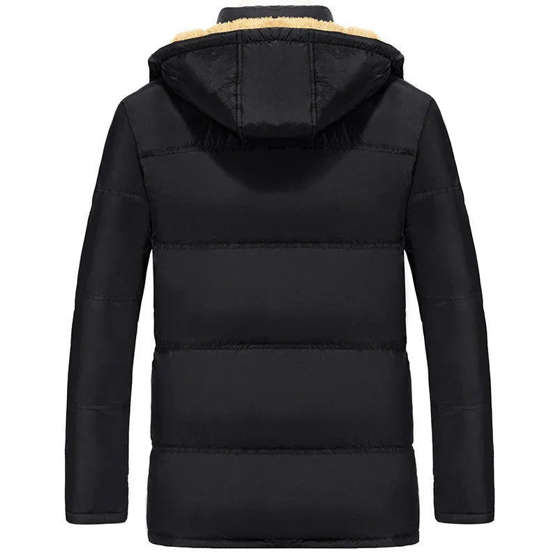 Men's black velvet padded hooded jacket with a double-breasted front on a hanger.