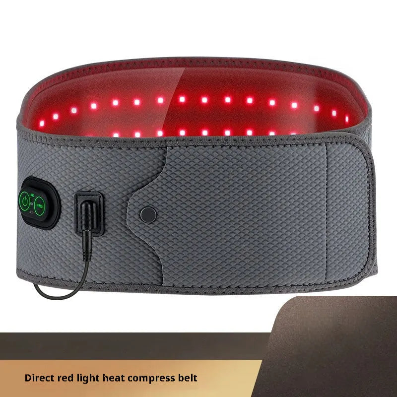 Grey neoprene electric waist therapy belt with adjustable strap and power connection.