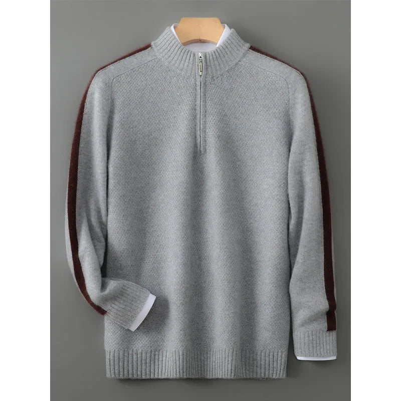 Sheep wool slim-fit pullover sweater with half zip on round neck, shown in various colours.