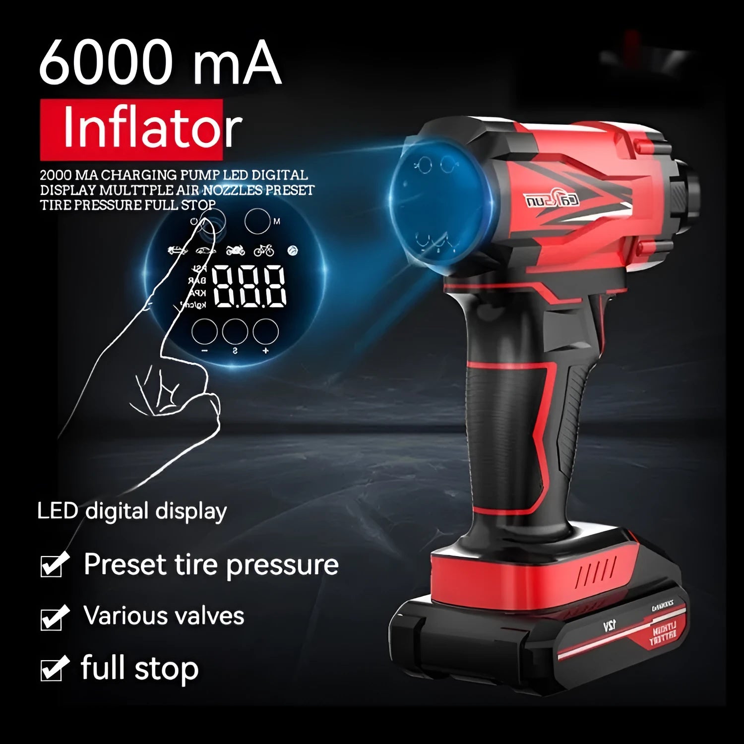 Red and black portable car tyre inflator with digital display and multiple nozzle attachments on a black background