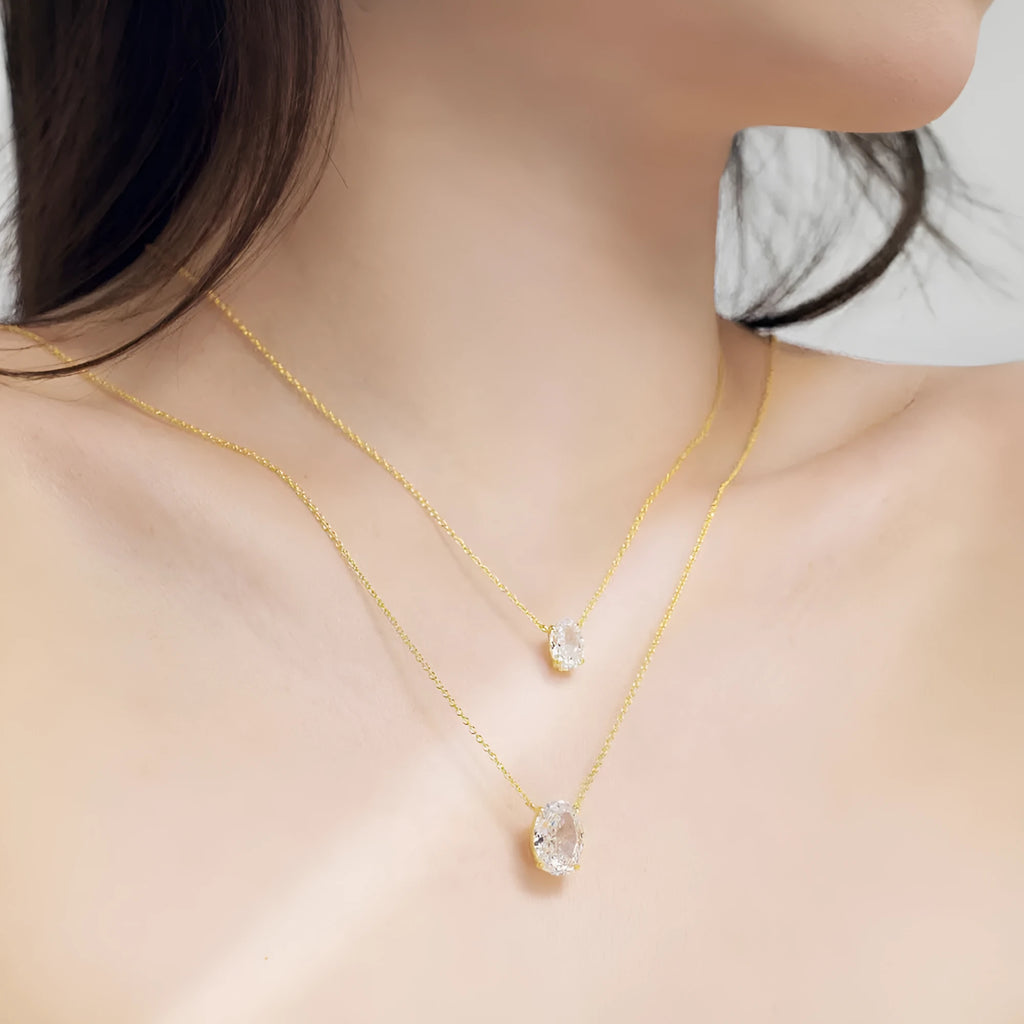 S925 sterling silver women's necklace with geometric oval pendant in gold or platinum finish