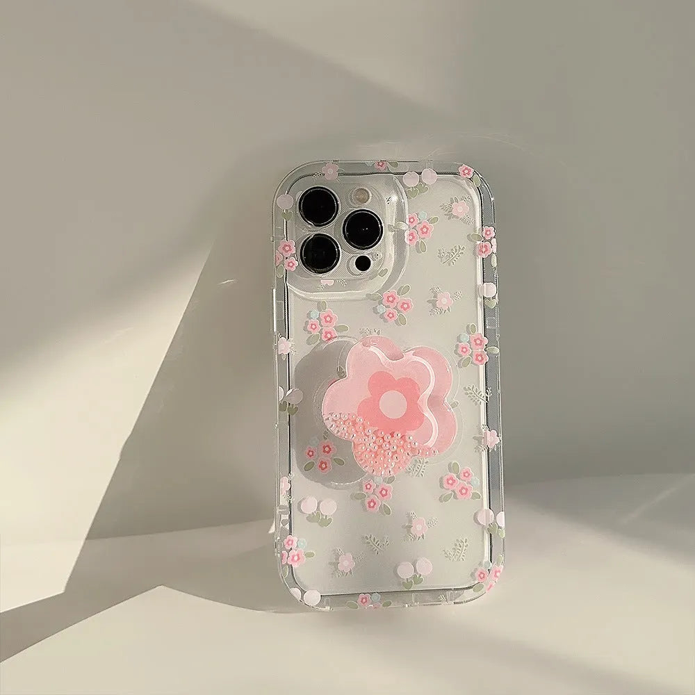 Transparent TPU phone case with crushed flower flowing sand pattern for Apple iPhone showing camera cutout and 3D keys