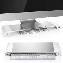 Black computer monitor stand with USB ports on the front and a hidden keyboard storage compartment underneath