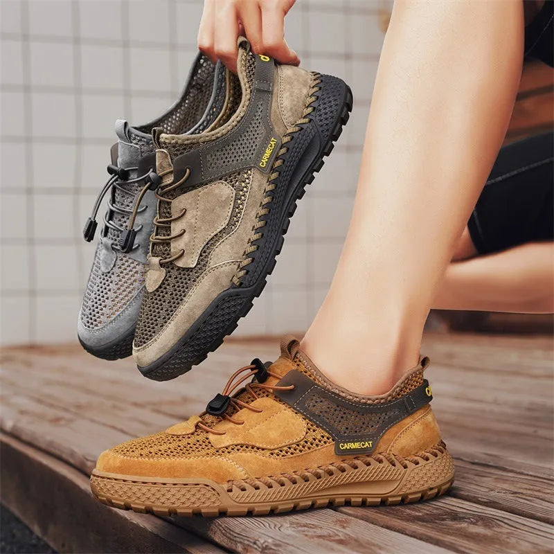 Men's brown suede low-top casual tennis shoes with elastic band and hand-stitched rubber sole.