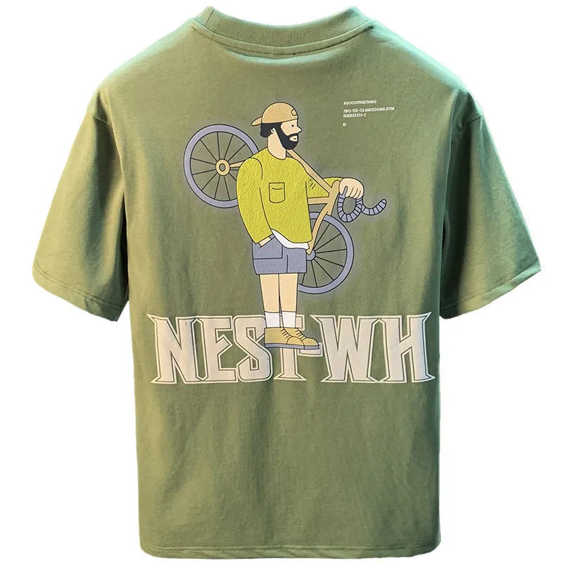 Green men's t-shirt with literary youth print in loose fit with short sleeves