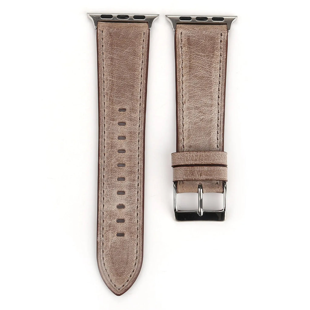 Blue leather watch strap with a silver folding buckle on a 42mm width setting.