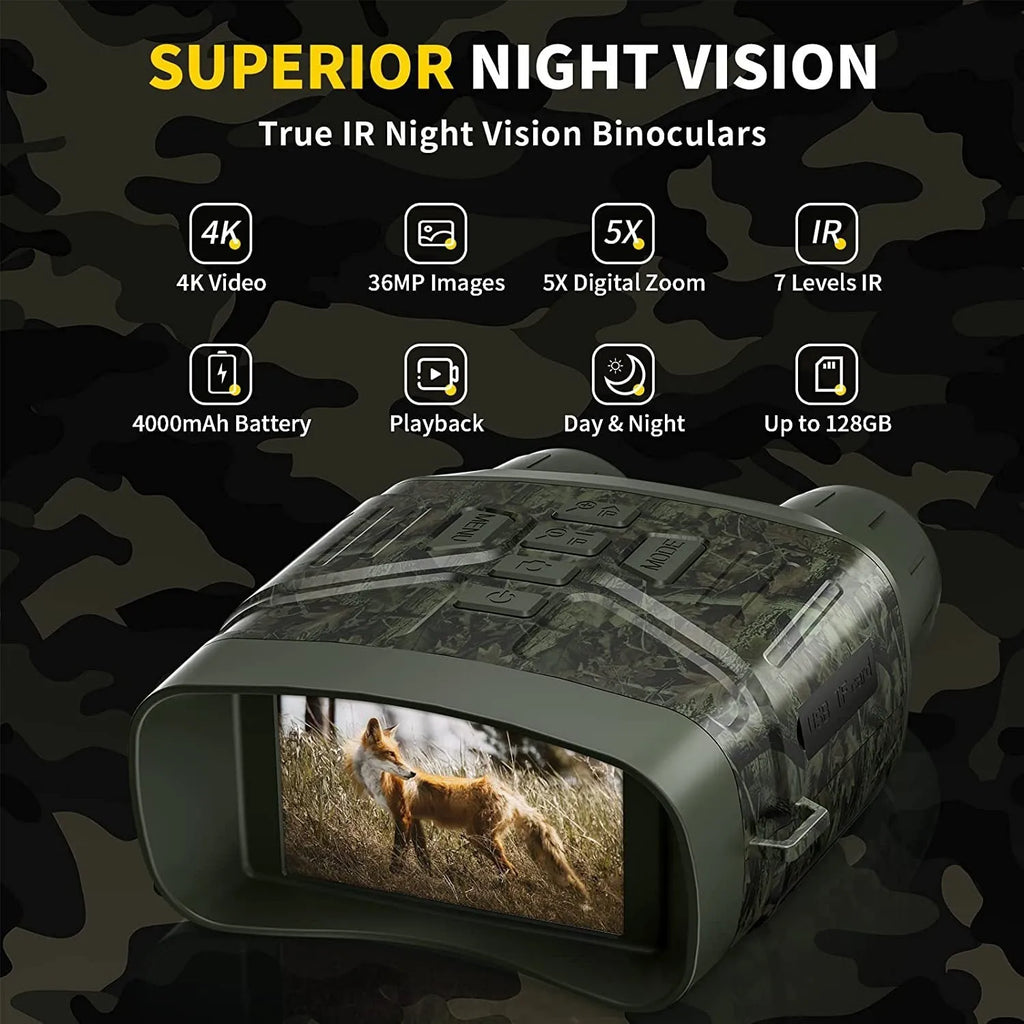 Black 4K night vision monocular with LCD screen showing night vision display