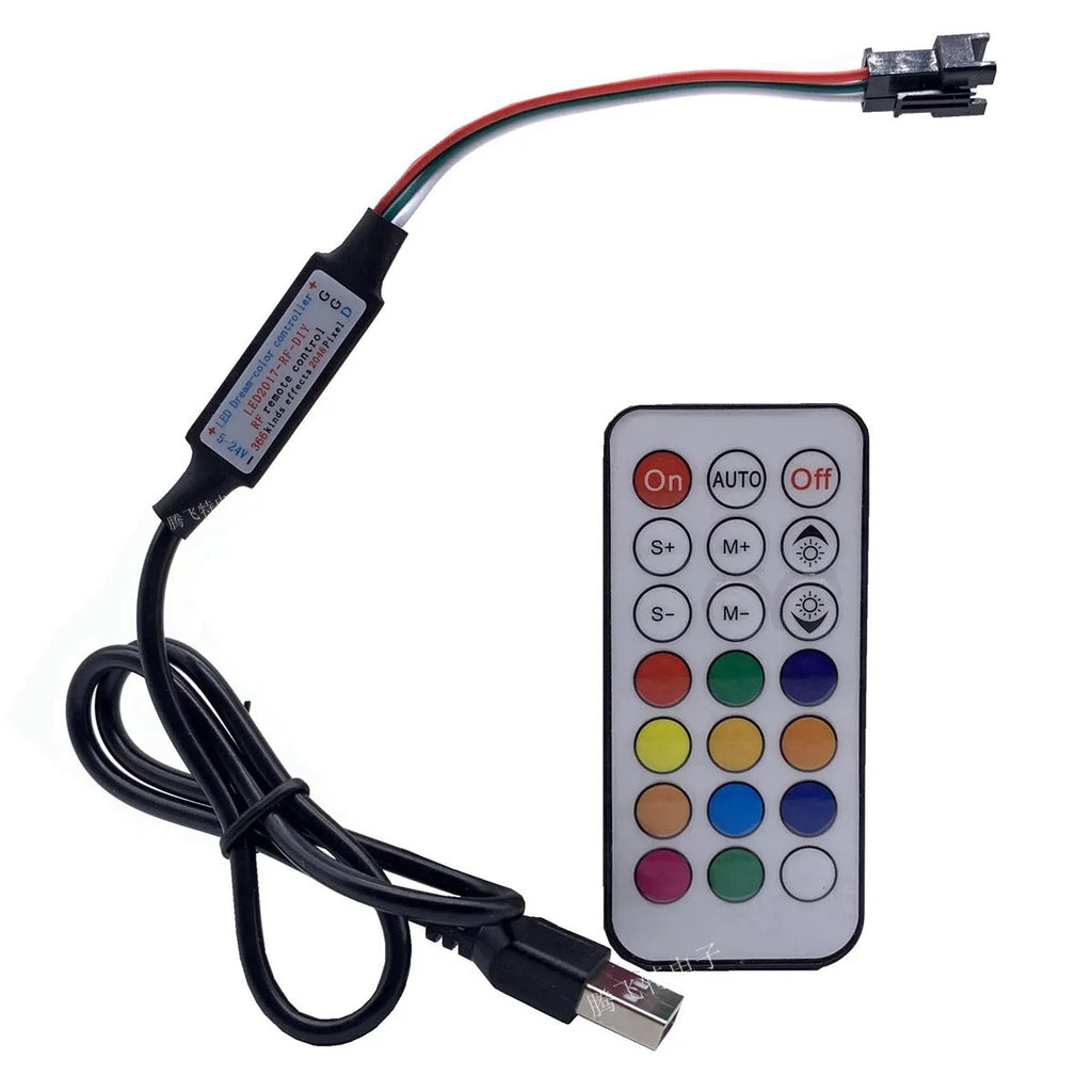 Magic Color LED light controller with 5-24V rating, plastic body, and choice of USB or DC plug and 14, 17 or 21 key remote