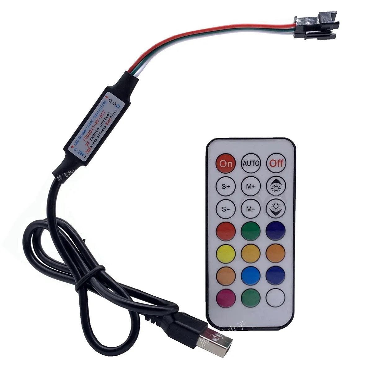 Magic Color LED light controller with 5-24V rating, plastic body, and choice of USB or DC plug and 14, 17 or 21 key remote