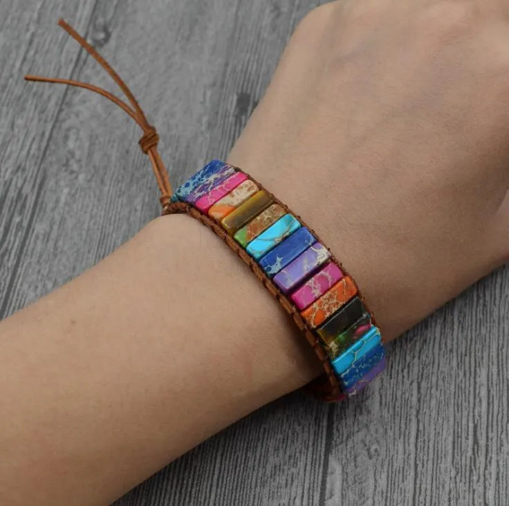 Handmade chakra bracelet with natural stone tube beads and leather wrap, easy-hook clasp, Bohemia style.