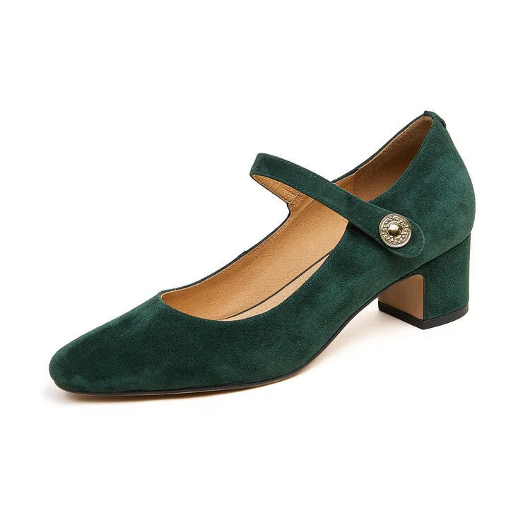 Women's black suede Mary Jane pumps with a chunky block heel and square toe on a plain background.