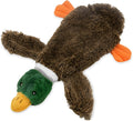 Green Wild Duck stuffless dog toy with squeakers, showing cavity for plastic bottle.