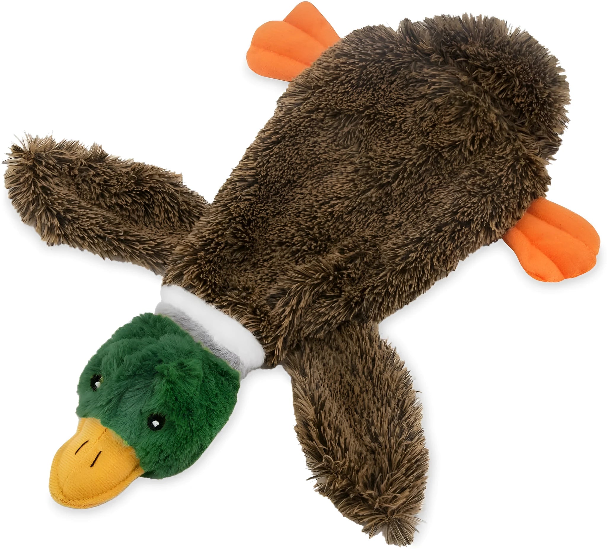 Green Wild Duck stuffless dog toy with squeakers, showing cavity for plastic bottle.