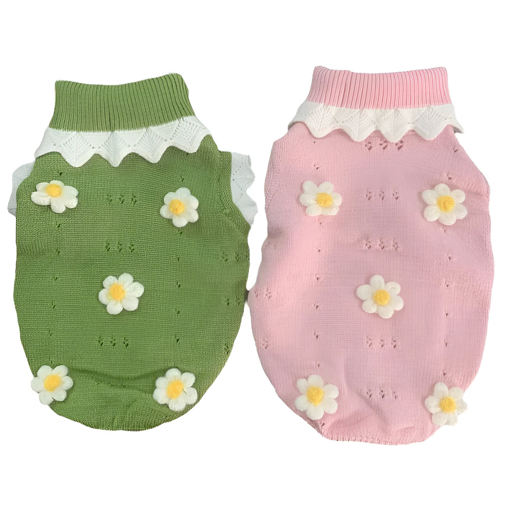 Green floral print knitted sweater for a small dog showing the fit and blossom pattern.
