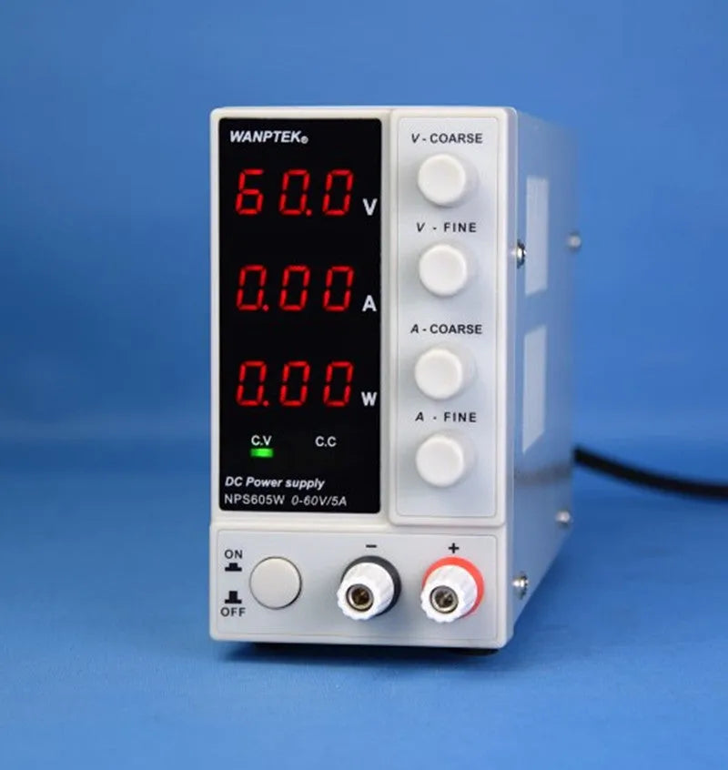 White adjustable DC bench power supply unit with displays and controls for voltage and current.