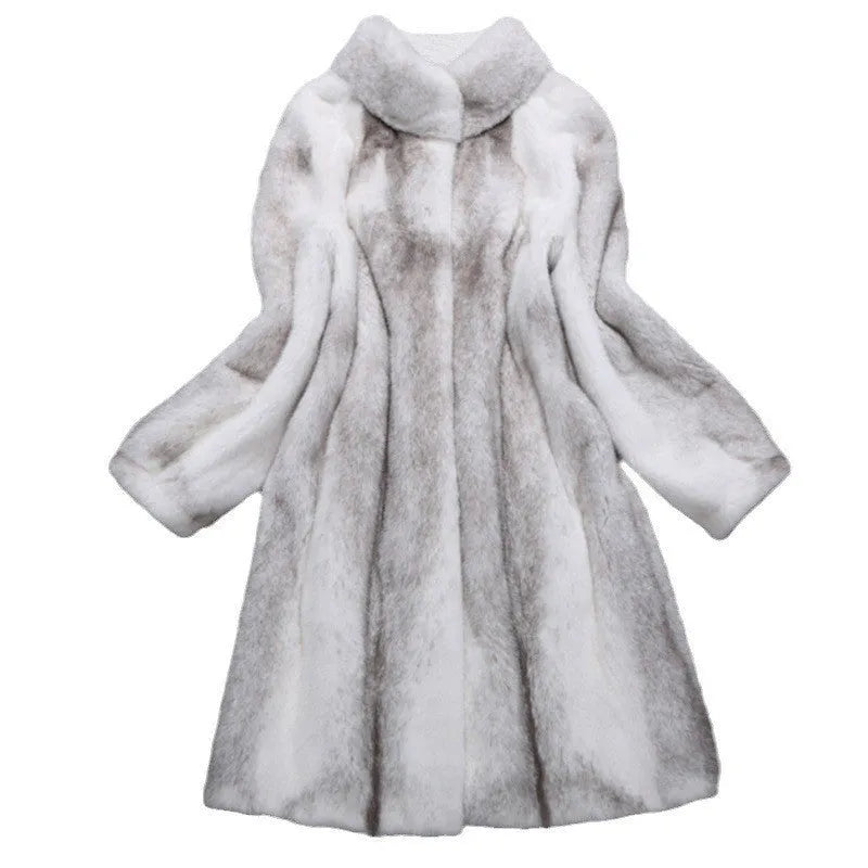White women's faux fur coat with a stand-up collar, shown at 80cm length.