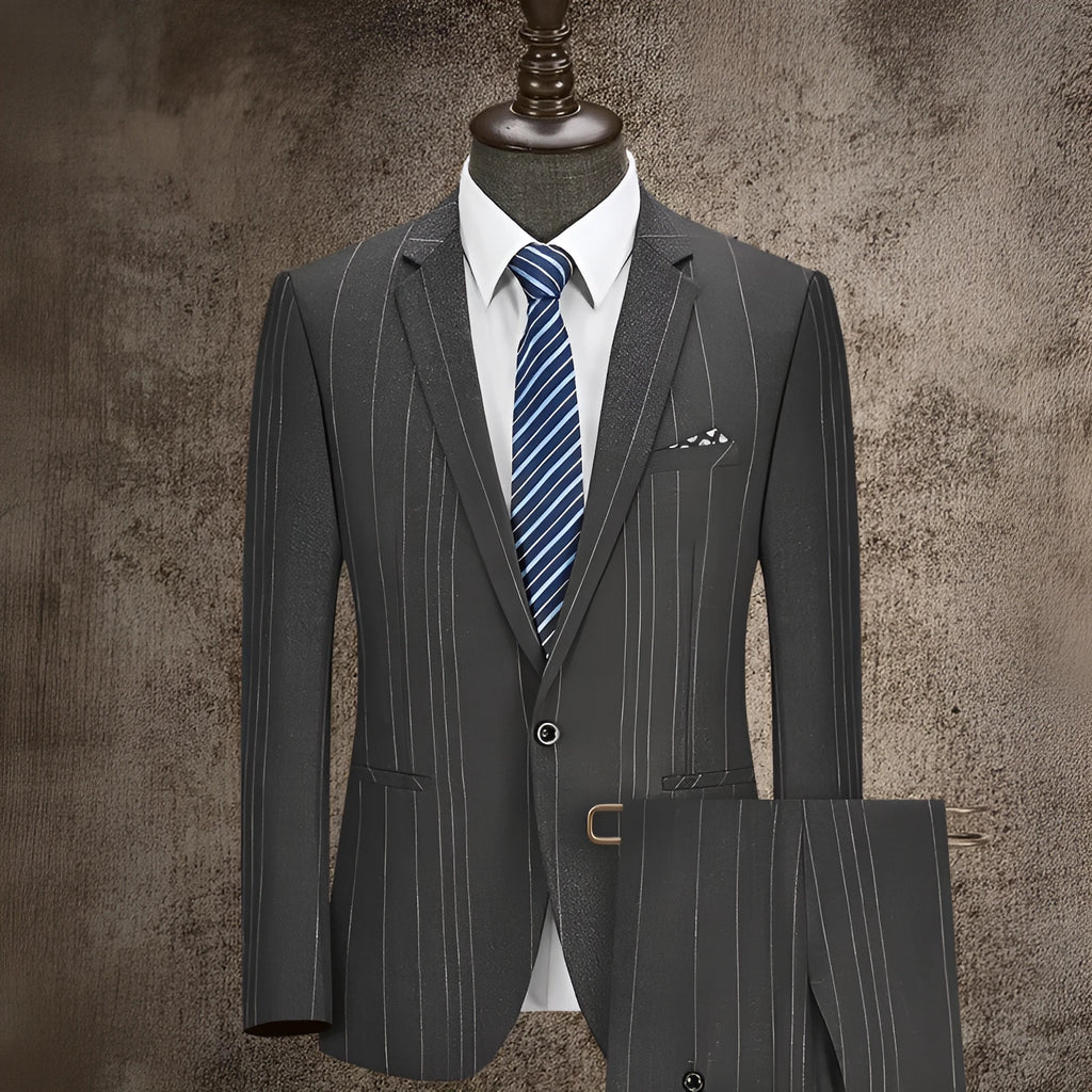 Men's casual striped two-piece business suit in grey, flat collar, back slit, button decoration, sizes S-4XL