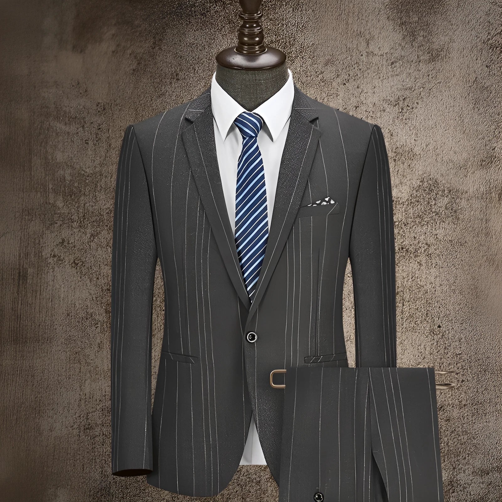 Men's casual striped two-piece business suit in grey, flat collar, back slit, button decoration, sizes S-4XL