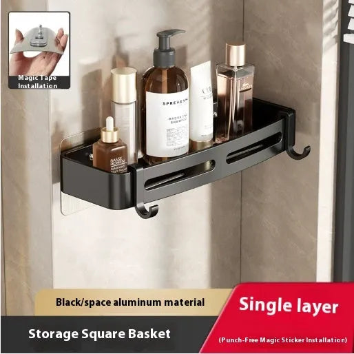 Gun grey triangular corner bathroom storage rack mounted on wall with toiletries