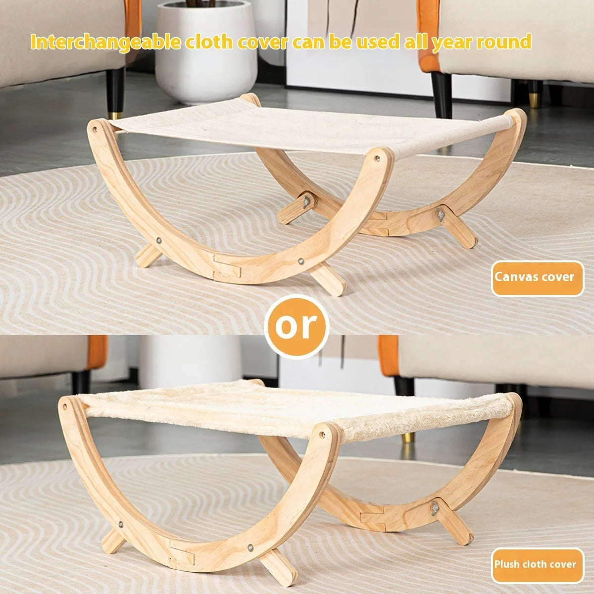 Solid wood foldable cat hammock bed with a neutral cushion on a wooden frame.