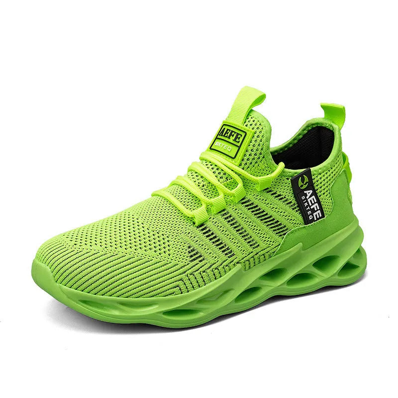 Men's mesh casual running shoes in black with cross strap detailing and lace-up closure