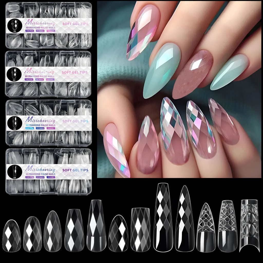 Pack of long, pre-shaped false nail tips with a raised 3D diamond pattern design in various colours.