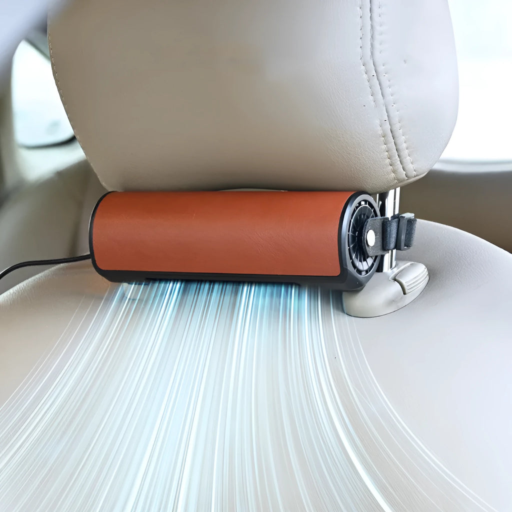USB-powered car-mounted rear seat fan with 1.5 metre cable in black, brown, or red colour options