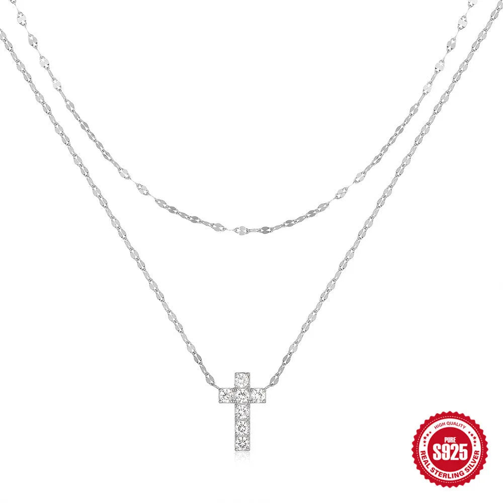 S925 sterling silver double layer twin diamond cross pendant necklace on adjustable chain