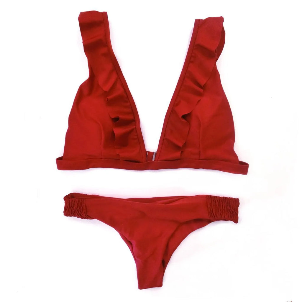 Women's polyester split bikini two-piece swimsuit in sizes S to XL with size chart measurements