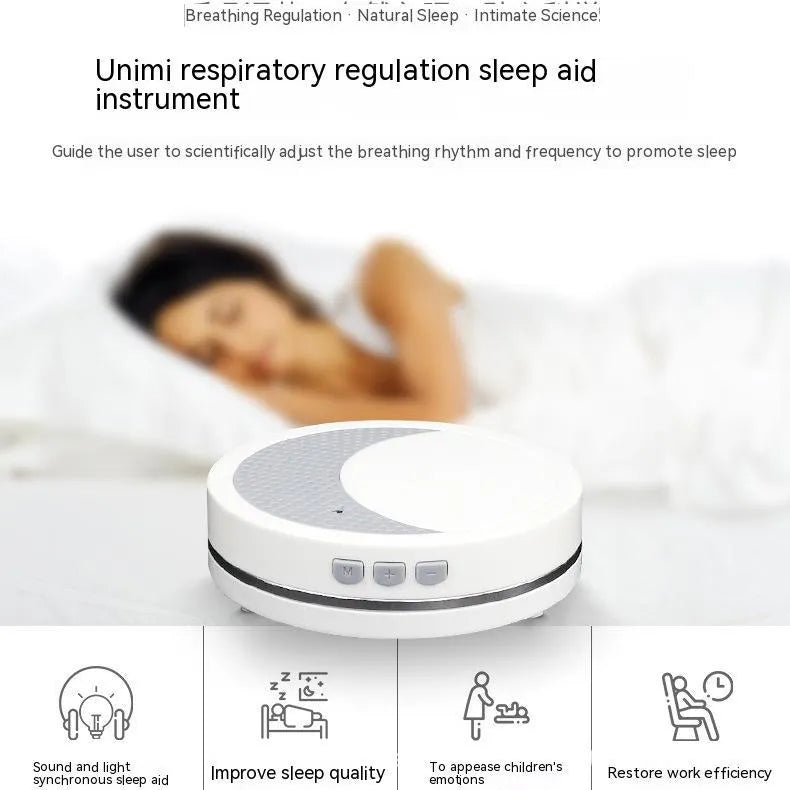 White ABS plastic sleep aid instrument with USB connector showing timer and music functions