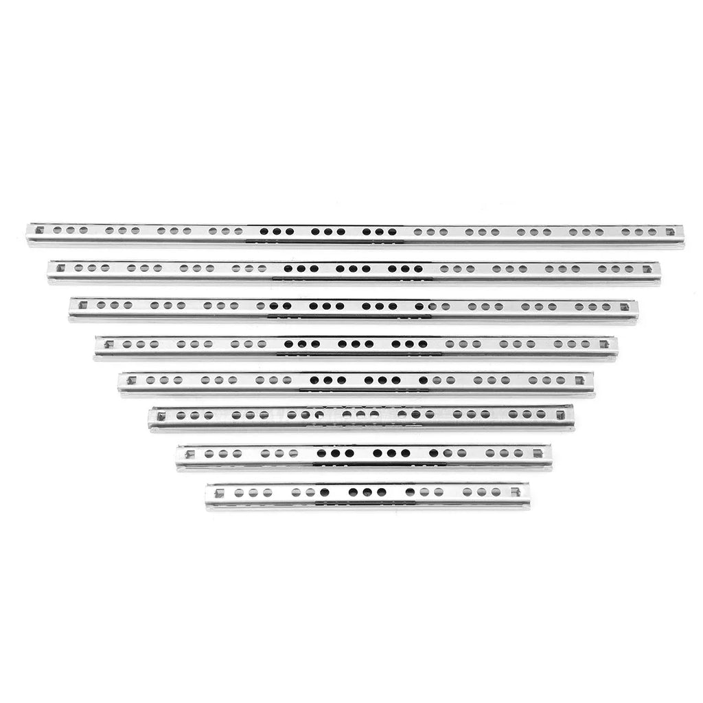 Two-section ultra-narrow 17mm steel drawer slide rail with ball bearings for heavy-duty use.