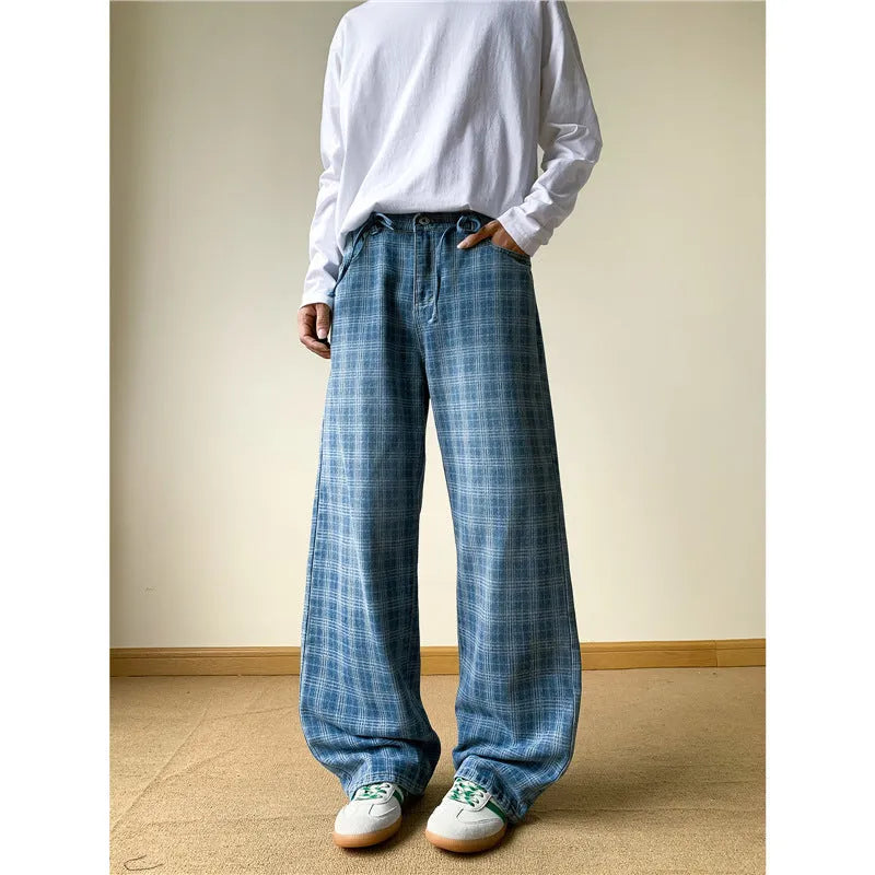 Retro blue plaid wide-leg skinny jeans showing straight-leg cut and zip fly